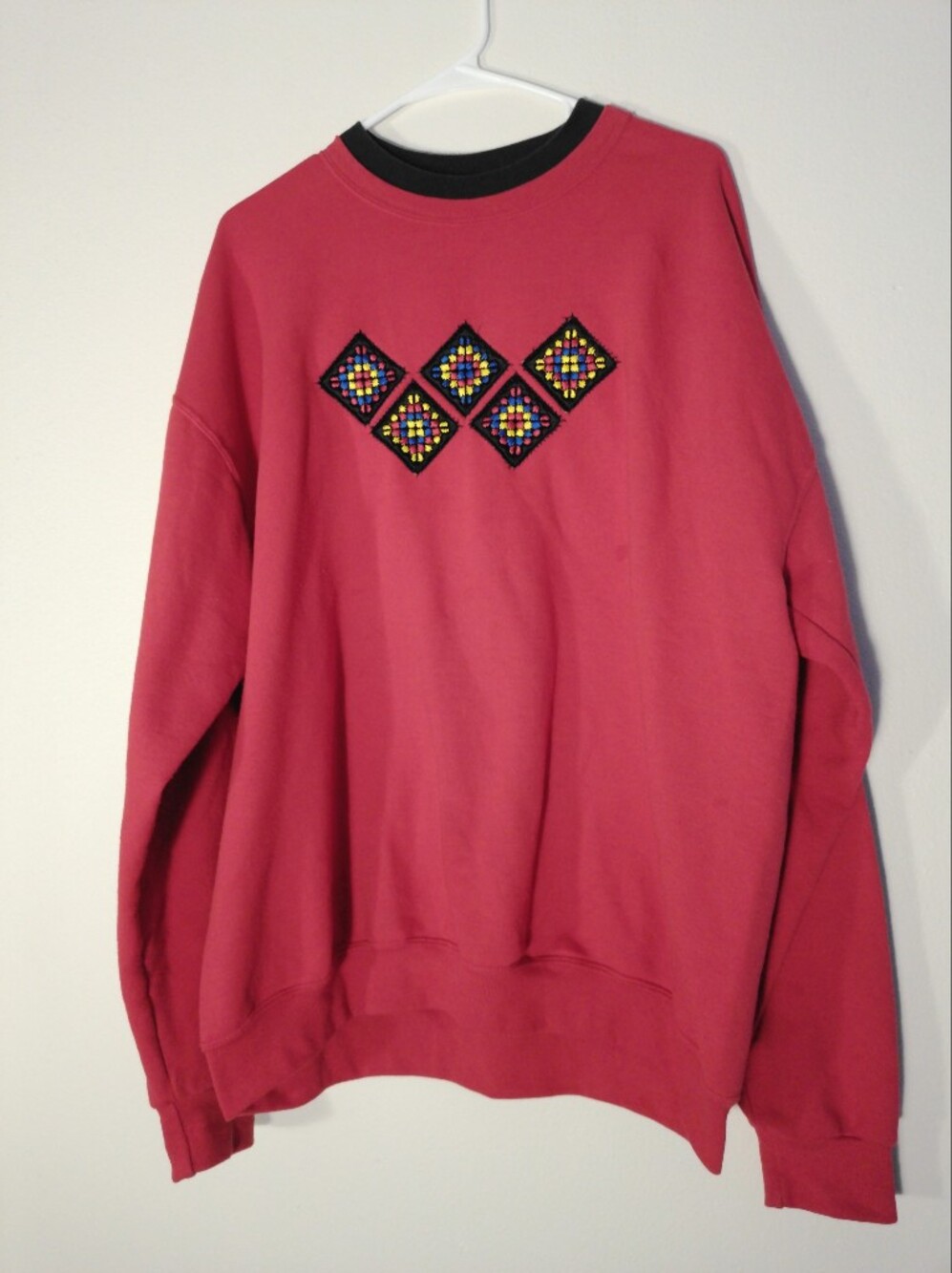 Embroidered Pink Pullover with Colorful Diamond Patchwork